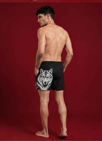 Black Wolf Print Shorts