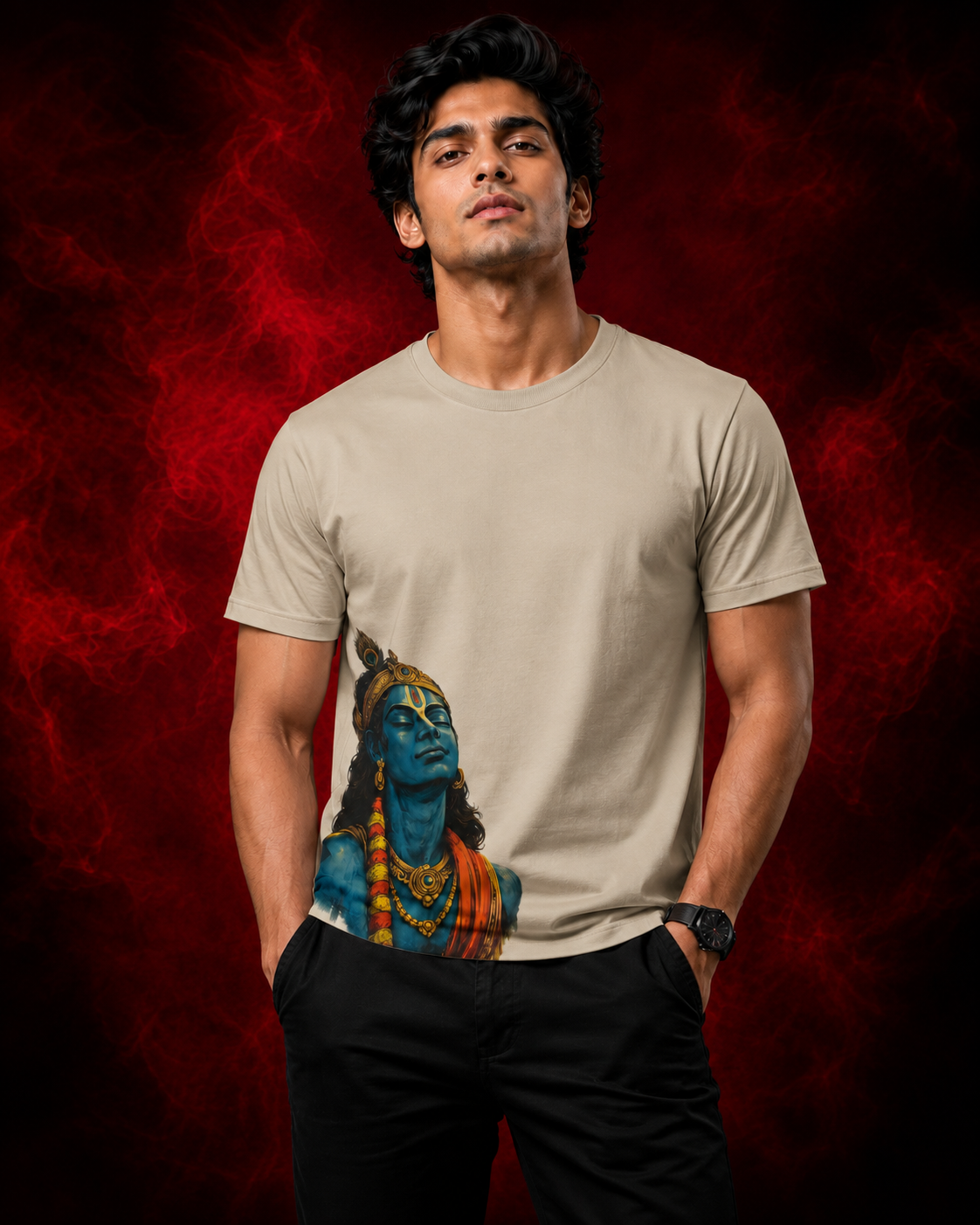 Lord Krishna Printed T-Shirt for Men | Premium Cotton Regular Fit Streetwear | 220gsm