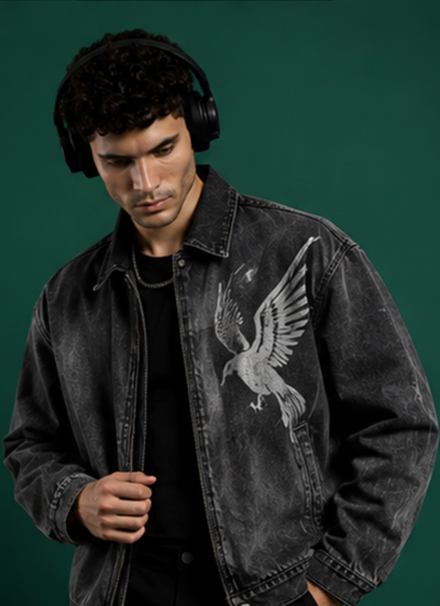 Washed Black Eagle Denim Jacket