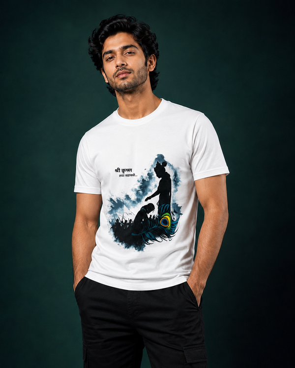 Shri Krishna Peacock Feather Printed T-Shirt for Men | Premium Cotton Regular Fit Streetwear | 220gsm