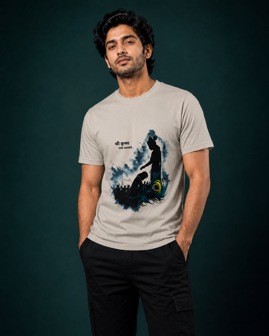 Shri Krishna Peacock Feather Printed T-Shirt for Men | Premium Cotton Regular Fit Streetwear | 220gsm