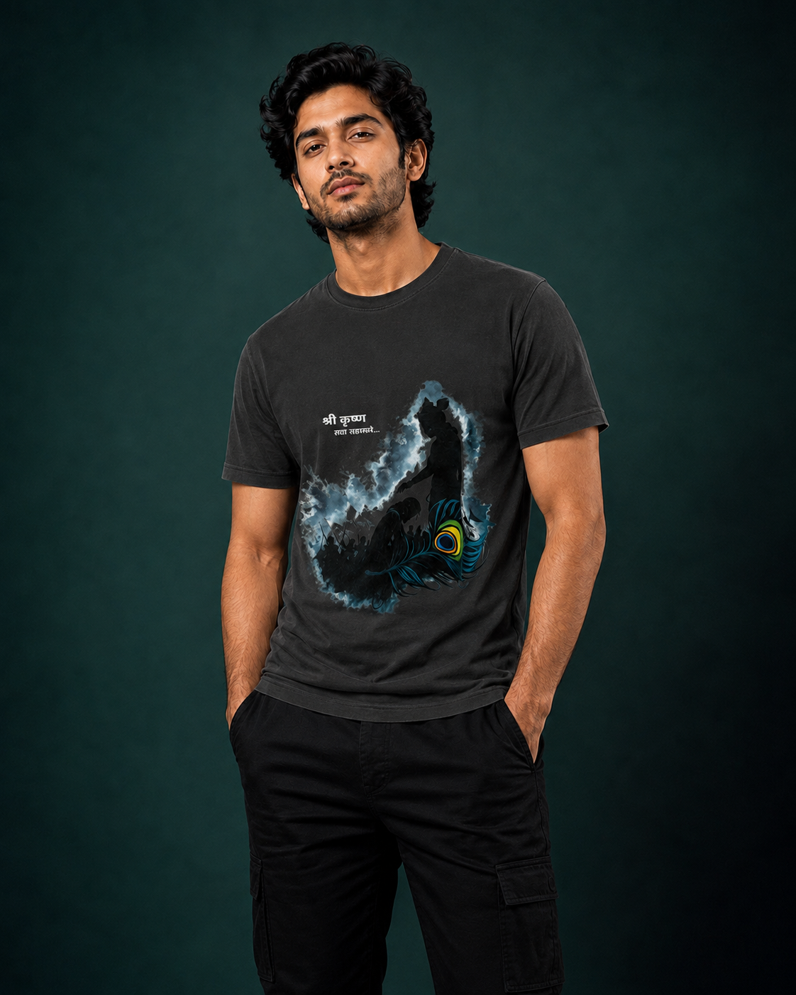 Shri Krishna Peacock Feather Printed T-Shirt for Men | Premium Cotton Regular Fit Streetwear | 220gsm