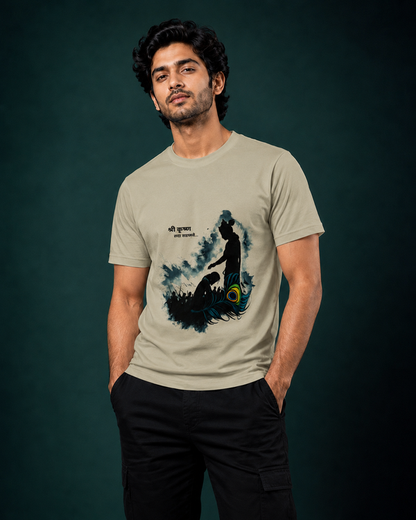 Shri Krishna Peacock Feather Printed T-Shirt for Men | Premium Cotton Regular Fit Streetwear | 220gsm