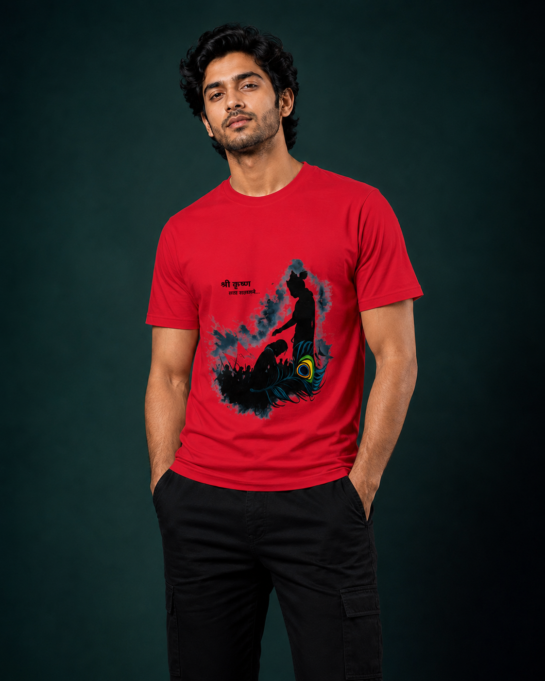 Shri Krishna Peacock Feather Printed T-Shirt for Men | Premium Cotton Regular Fit Streetwear | 220gsm