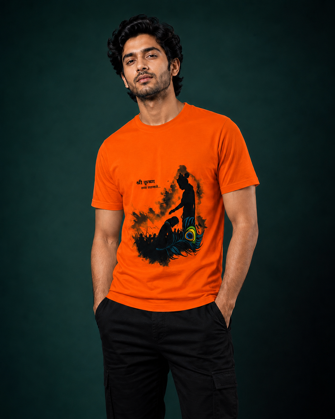 Shri Krishna Peacock Feather Printed T-Shirt for Men | Premium Cotton Regular Fit Streetwear | 220gsm