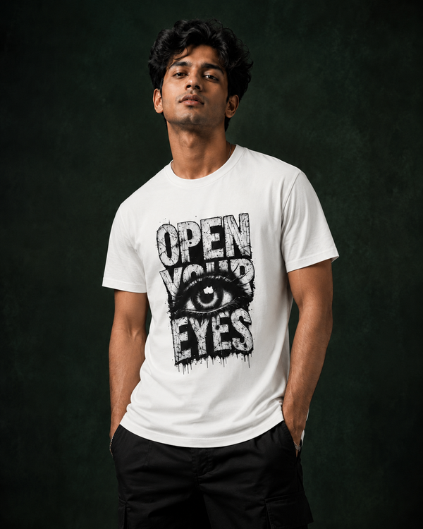 Open Your Eyes Printed T-Shirt for Men | Premium Cotton Regular Fit Streetwear | 220gsm